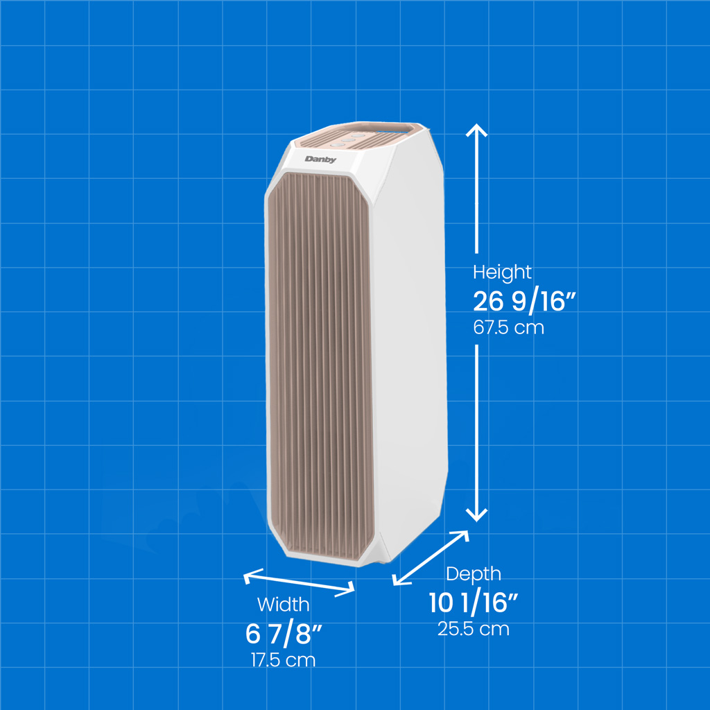 Danby appliances air purifier 210 sq ft DAP143BAW-UV with product dimensions showing height 26 9/16 inches 67.5 cm, width 6 7/8 inches 17.5 cm, and depth 10 1/16 inches 25.5 cm on a blue grid background