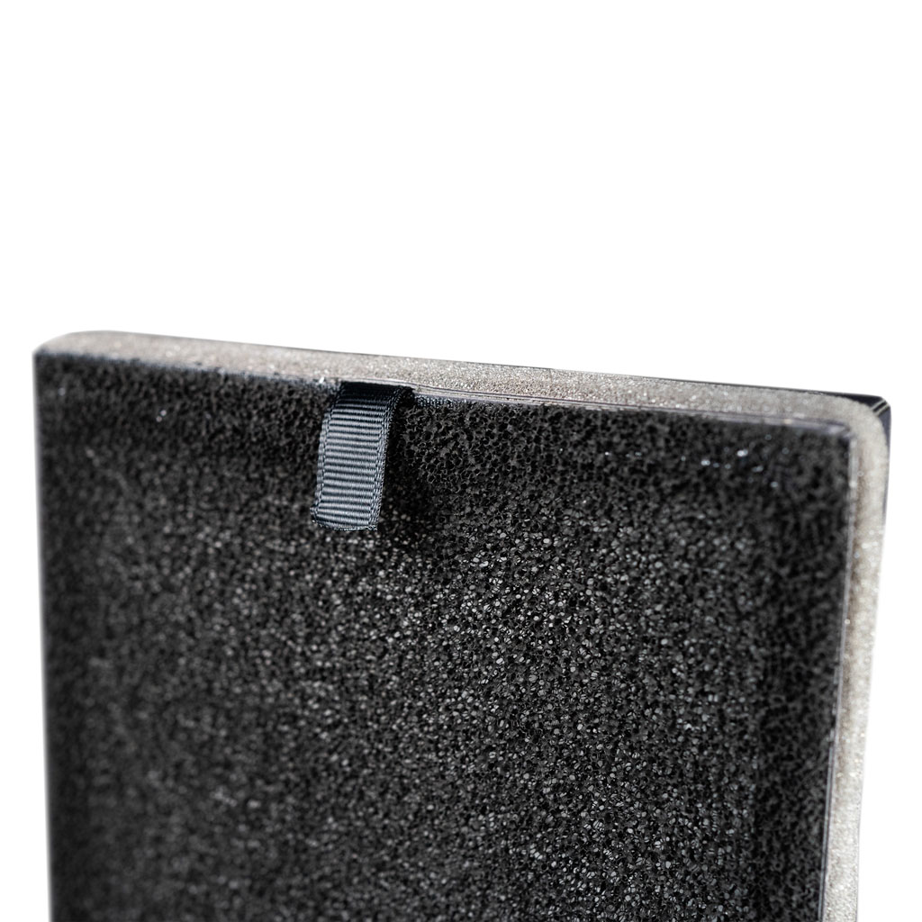 Danby appliances air purifier 210 sq ft DAP143BAW-UV foam pre-filter with textured black layer and pull tab handle shown in close-up view on a plain background