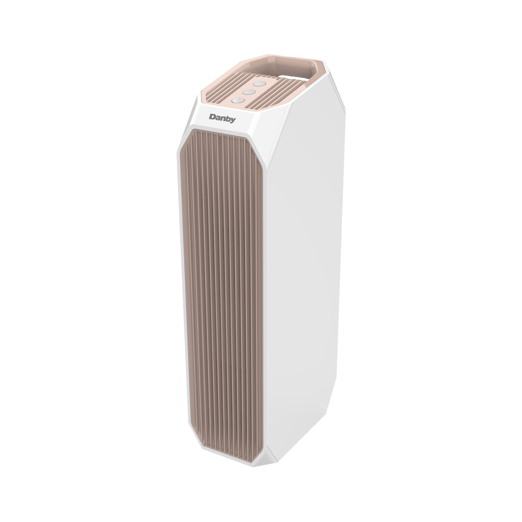 Danby appliances air purifier 210 sq ft DAP143BAW-UV in white with top control panel and vertical intake vents shown in angled front view on a plain background