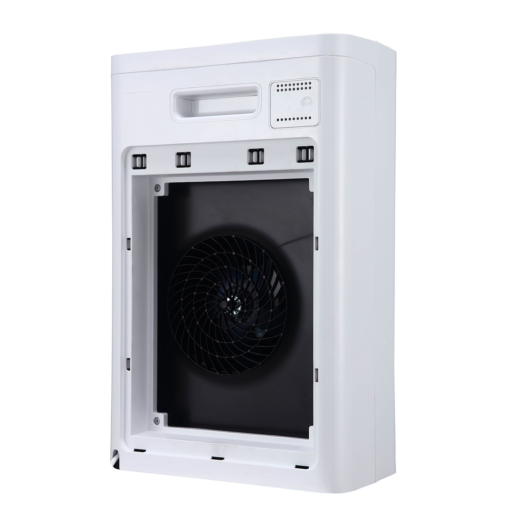 Danby appliances air purifier 210 sq ft DAP152BAW-I with rear panel removed showing internal fan housing and filter compartment in a clean angled view on a plain background