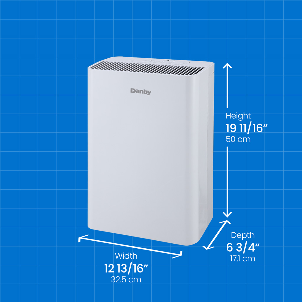 Danby appliances air purifier 210 sq ft DAP152BAW-I shown with product dimensions of height 19 11/16 inches (50 cm), width 12 13/16 inches (32.5 cm), and depth 6 3/4 inches (17.1 cm) on a blue grid background