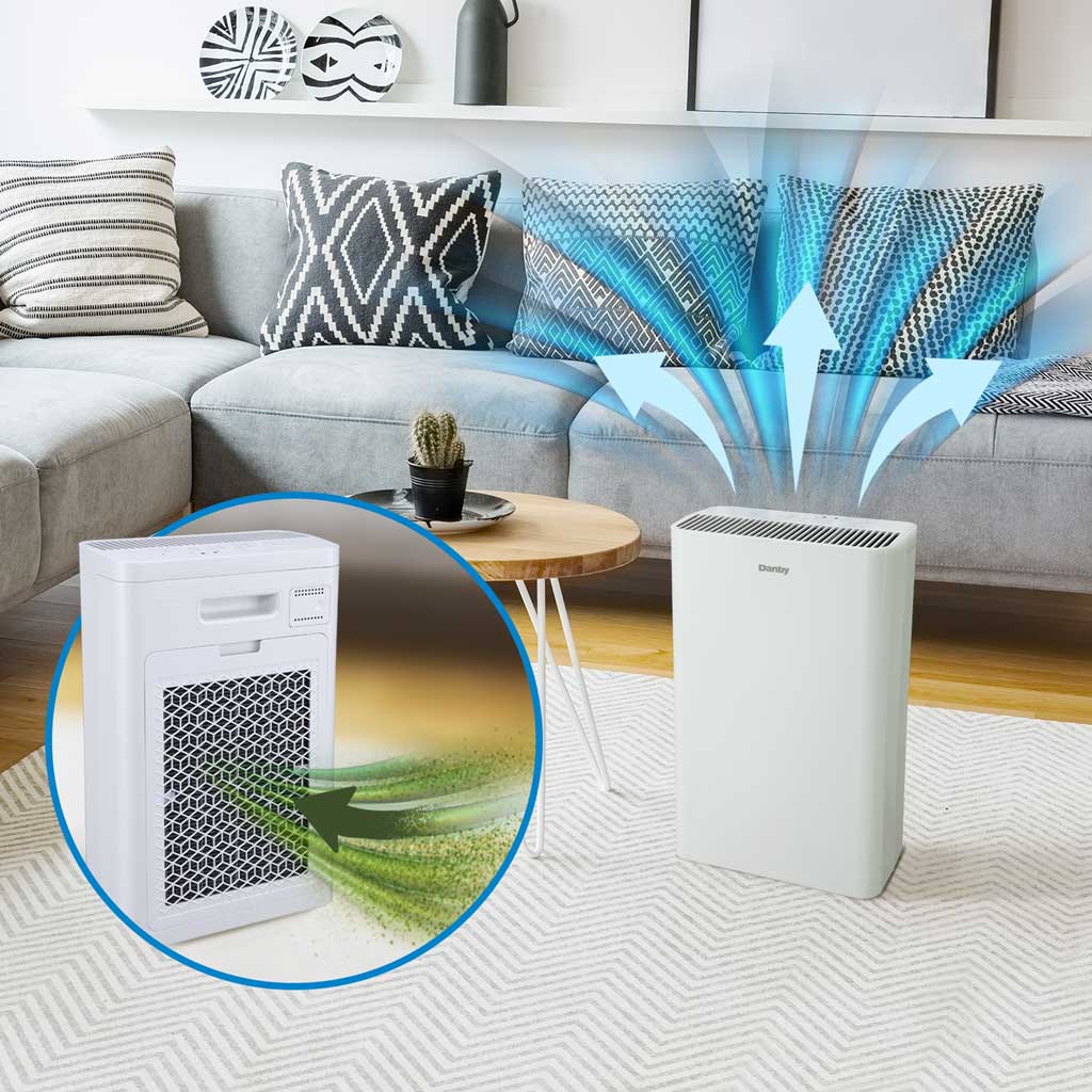 Danby appliances air purifier 210 sq ft DAP152BAW-I shown in a living room setting with airflow arrows indicating clean air circulation across a sofa and seating area