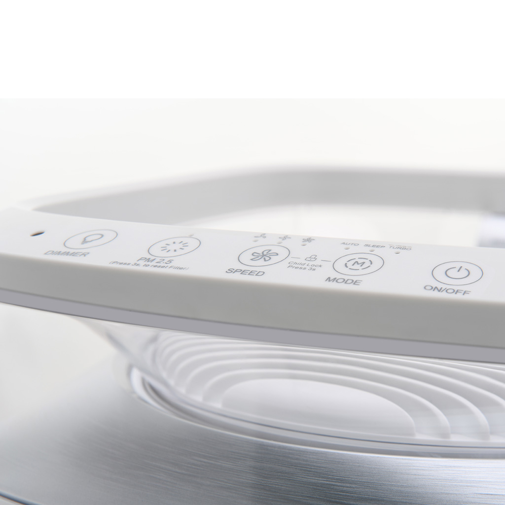 Danby appliances air purifier 450 sq ft DAP290BAW top control panel with touch buttons for dimmer, PM2.5 reset, speed, mode, and power shown in a close-up view