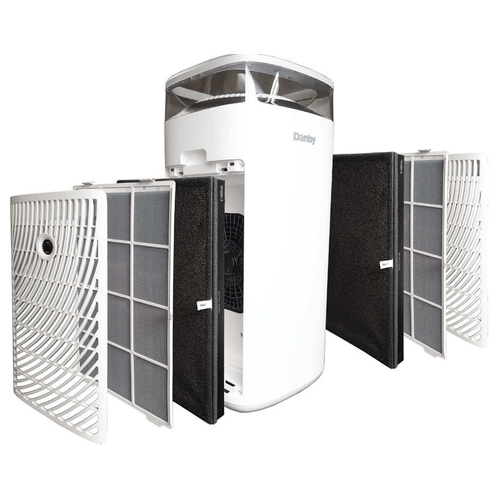 Danby appliances air purifier 450 sq ft DAP290BAW with multi-stage filtration system removed, showing HEPA filter panels, carbon pre-filters, and internal fan assembly in an exploded view on a plain background