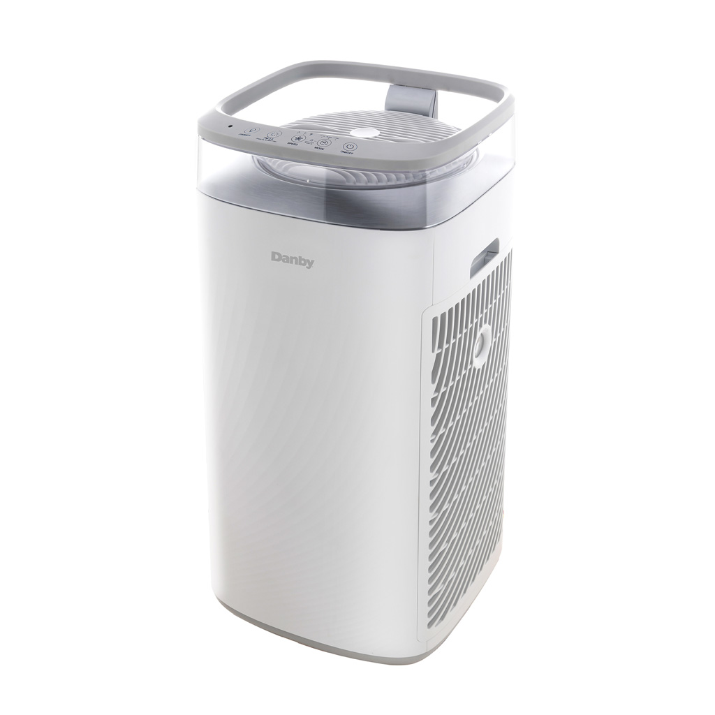 Danby appliances air purifier 450 sq ft DAP290BAW in white with illuminated top air outlet, touch control panel, and side intake vents shown in an angled front view on a plain background