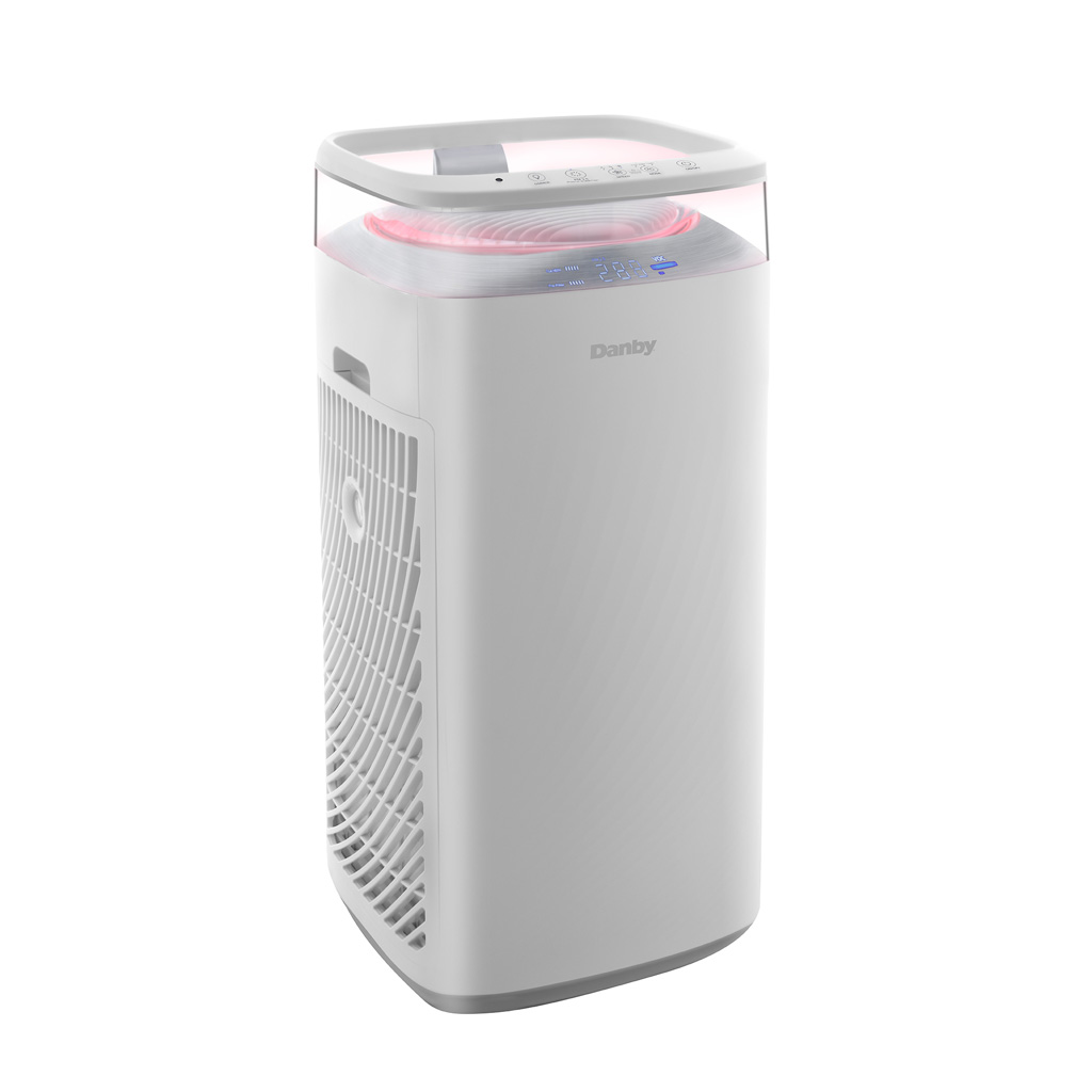 Danby appliances air purifier 450 sq ft DAP290BAW in white with illuminated top air outlet, touch control panel, and side intake vents shown in an angled front view on a plain background