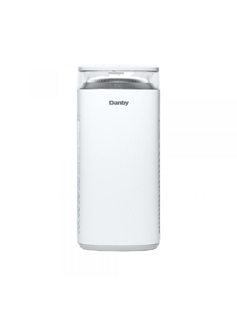 Danby appliances air purifier 450 sq ft DAP290BAW in white with top transparent air outlet and cylindrical design shown in a clean front view on a plain background