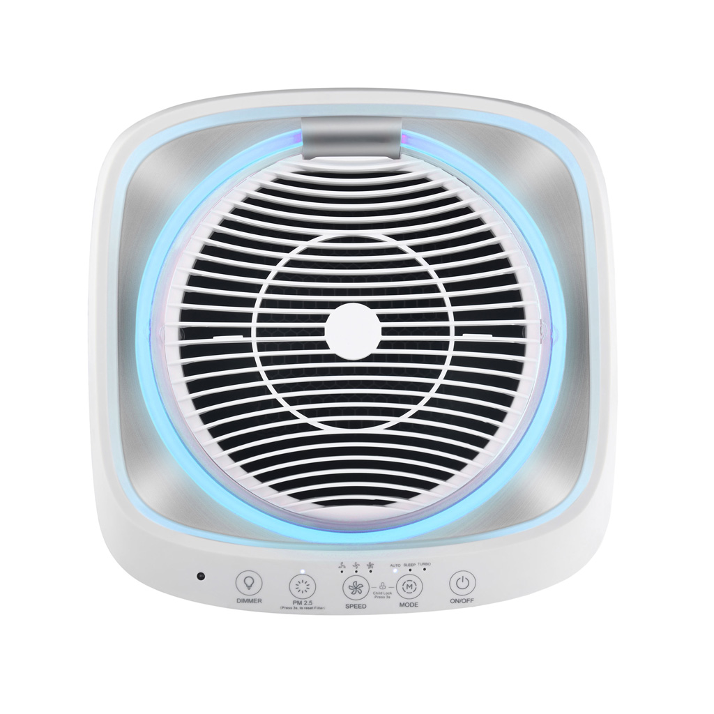Danby appliances air purifier 450 sq ft DAP290BAW top air outlet grille with circular vent design and blue ambient light ring, shown in a clean top-down view