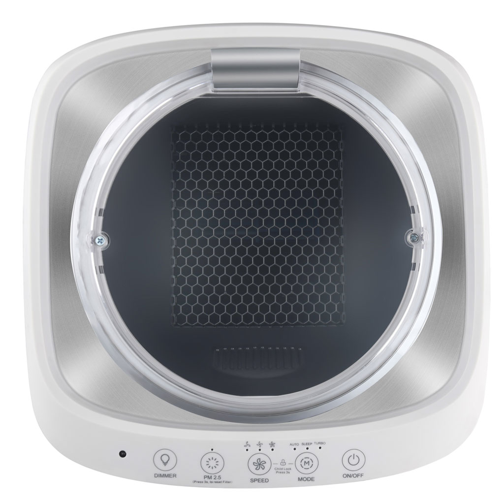 Danby appliances air purifier 450 sq ft DAP290BAW with top panel removed showing internal filter chamber and honeycomb intake layer in a clean top-down view