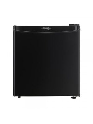 Danby appliances 1.6 cu ft compact fridge black DAR016A1BDB front view showing smooth black finish, curved top edge, and single door design on a plain background