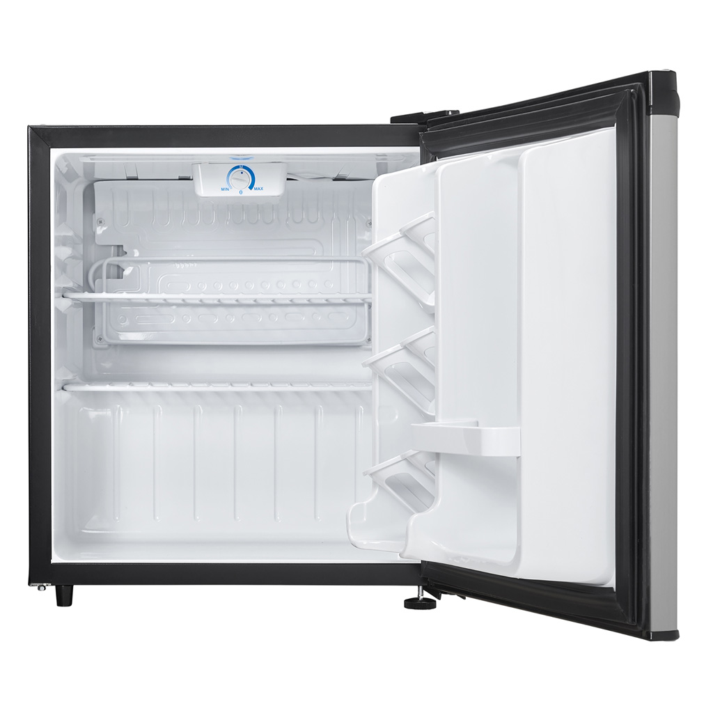 Danby 1.6 cu. ft. Compact Fridge in Stainless Steel Look 7 Danby appliances 1.6 cu ft compact fridge stainless DAR016A1BSS open front view showing interior compartment and shelf layout