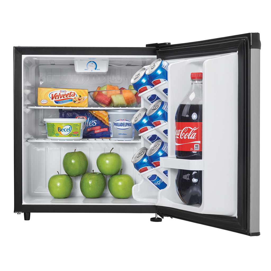 Danby 1.6 cu. ft. Compact Fridge in Stainless Steel Look 8 Danby appliances 1.6 cu ft compact fridge stainless DAR016A1BSS open front view showing interior stocked with beverages and food items on shelves