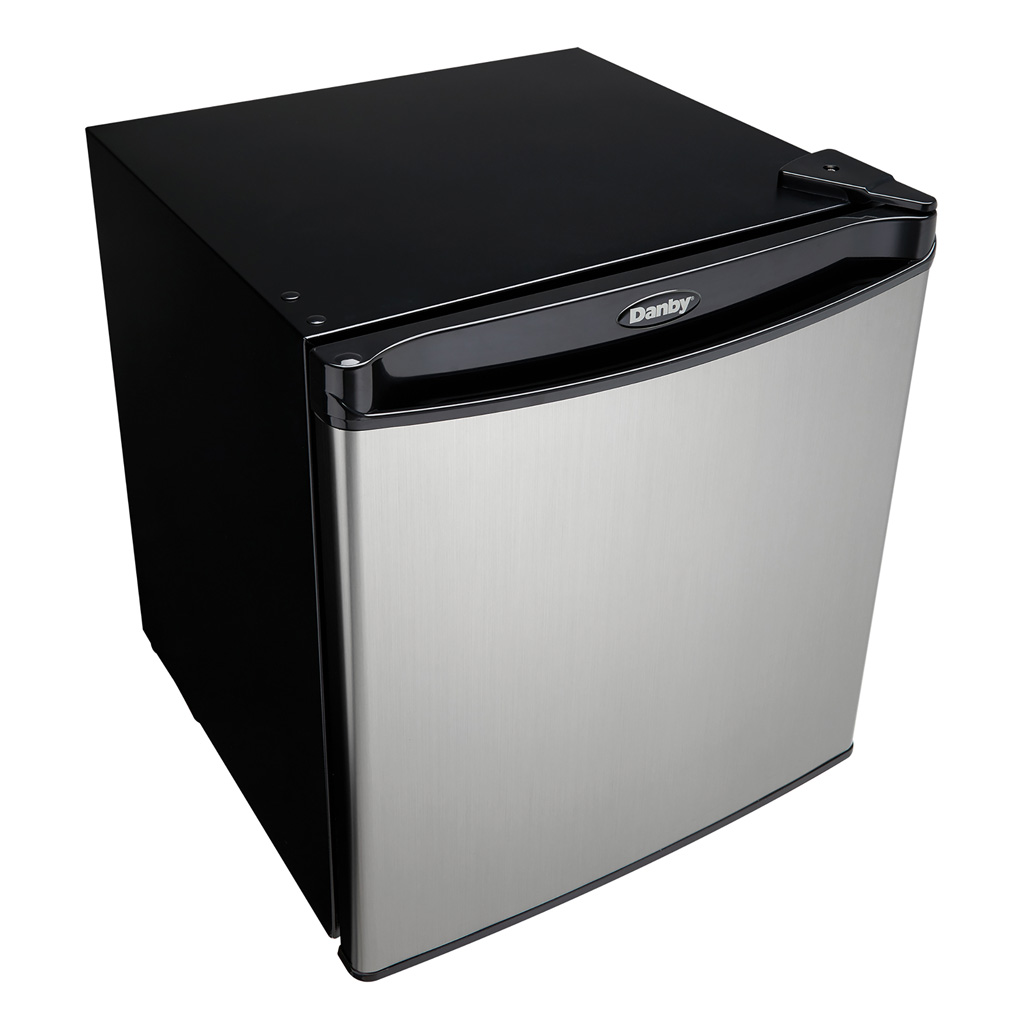 Danby 1.6 cu. ft. Compact Fridge in Stainless Steel Look 10 Danby appliances 1.6 cu ft compact fridge stainless DAR016A1BSS upper angled view showing top surface, stainless finish, and compact cabinet design
