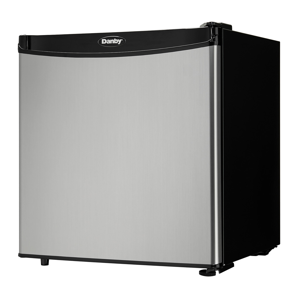 Danby 1.6 cu. ft. Compact Fridge in Stainless Steel Look 3 Danby appliances 1.6 cu ft compact fridge stainless DAR016A1BSS angled left view showing side panel, hinge placement, and compact single door design