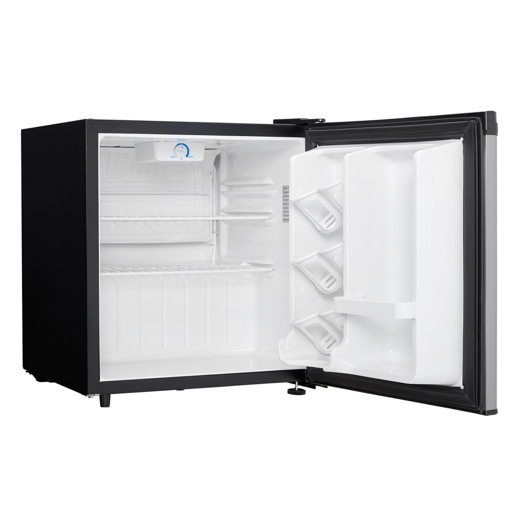 Danby 1.6 cu. ft. Compact Fridge in Stainless Steel Look 9 Danby appliances 1.6 cu ft compact fridge stainless DAR016A1BSS open front view showing empty interior compartment with door storage and single shelf