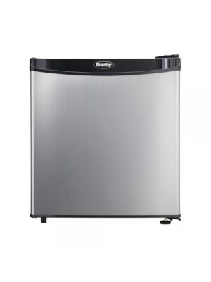 Danby appliances 1.6 cu ft compact fridge stainless DAR016A1BSS front view showing smooth stainless steel finish, curved top edge, and single door design on a plain background