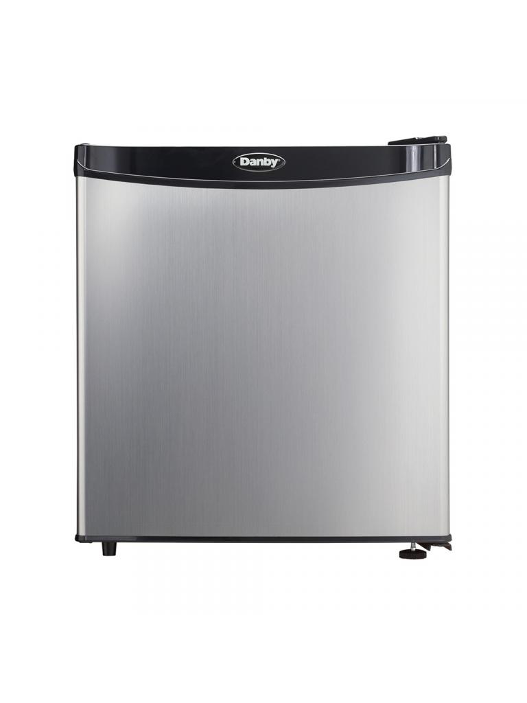 Danby appliances 1.6 cu ft compact fridge stainless DAR016A1BSS front view showing smooth stainless steel finish, curved top edge, and single door design on a plain background
