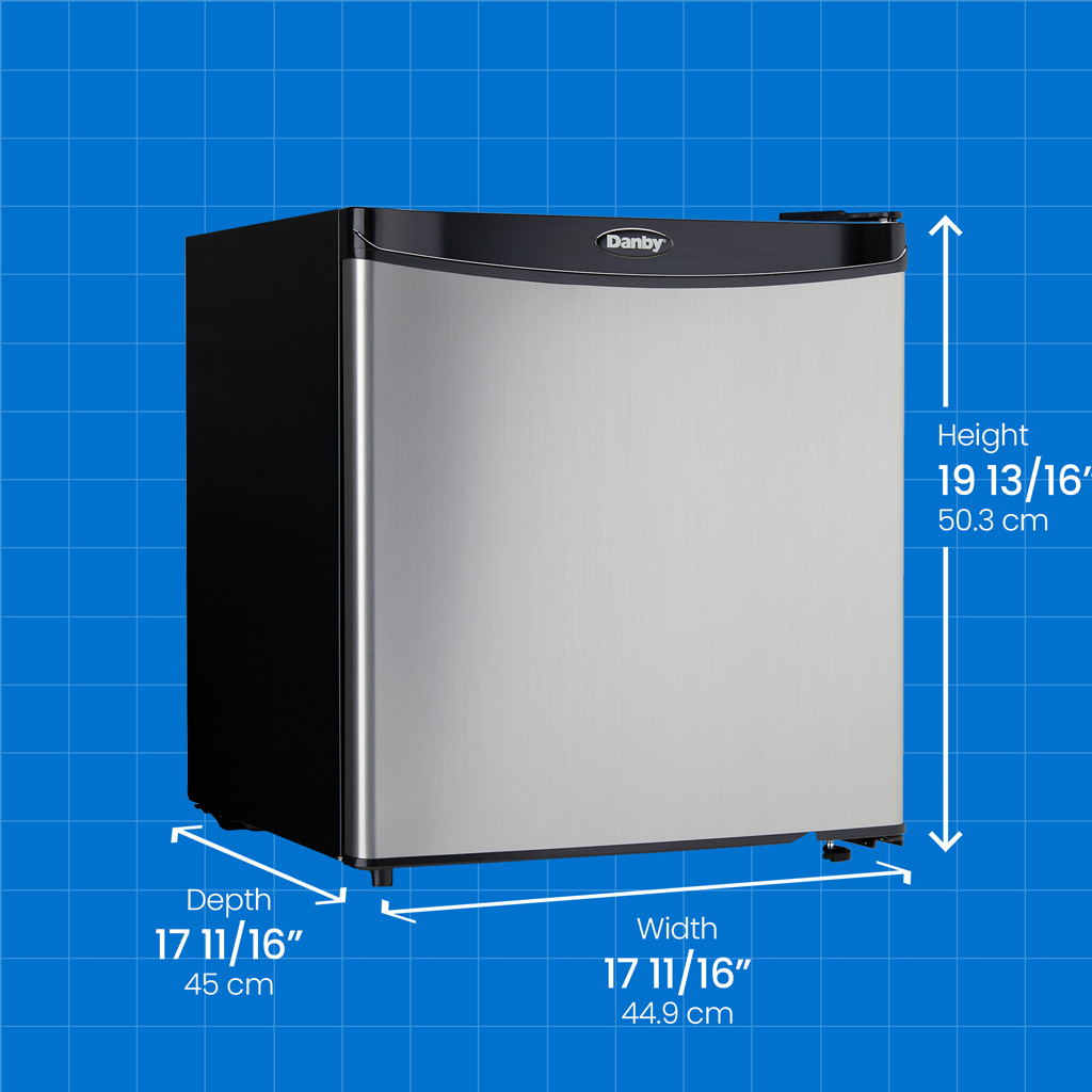 Danby 1.6 cu. ft. Compact Fridge in Stainless Steel Look 6 Danby appliances 1.6 cu ft compact fridge stainless DAR016A1BSS angled view with product dimensions shown on a blue grid background