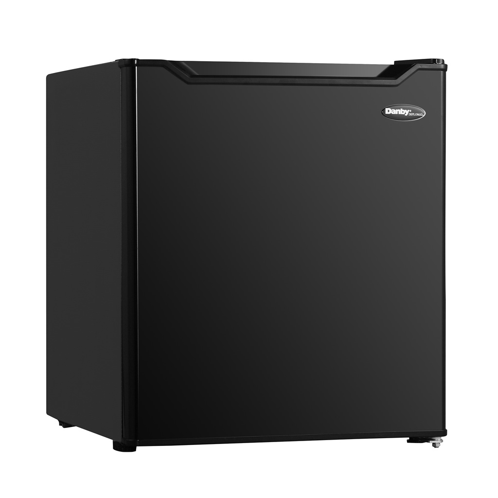 Danby appliances 1.6 cu ft compact fridge black DAR016A1BDB angled right view showing smooth black finish, compact cabinet design, and single door