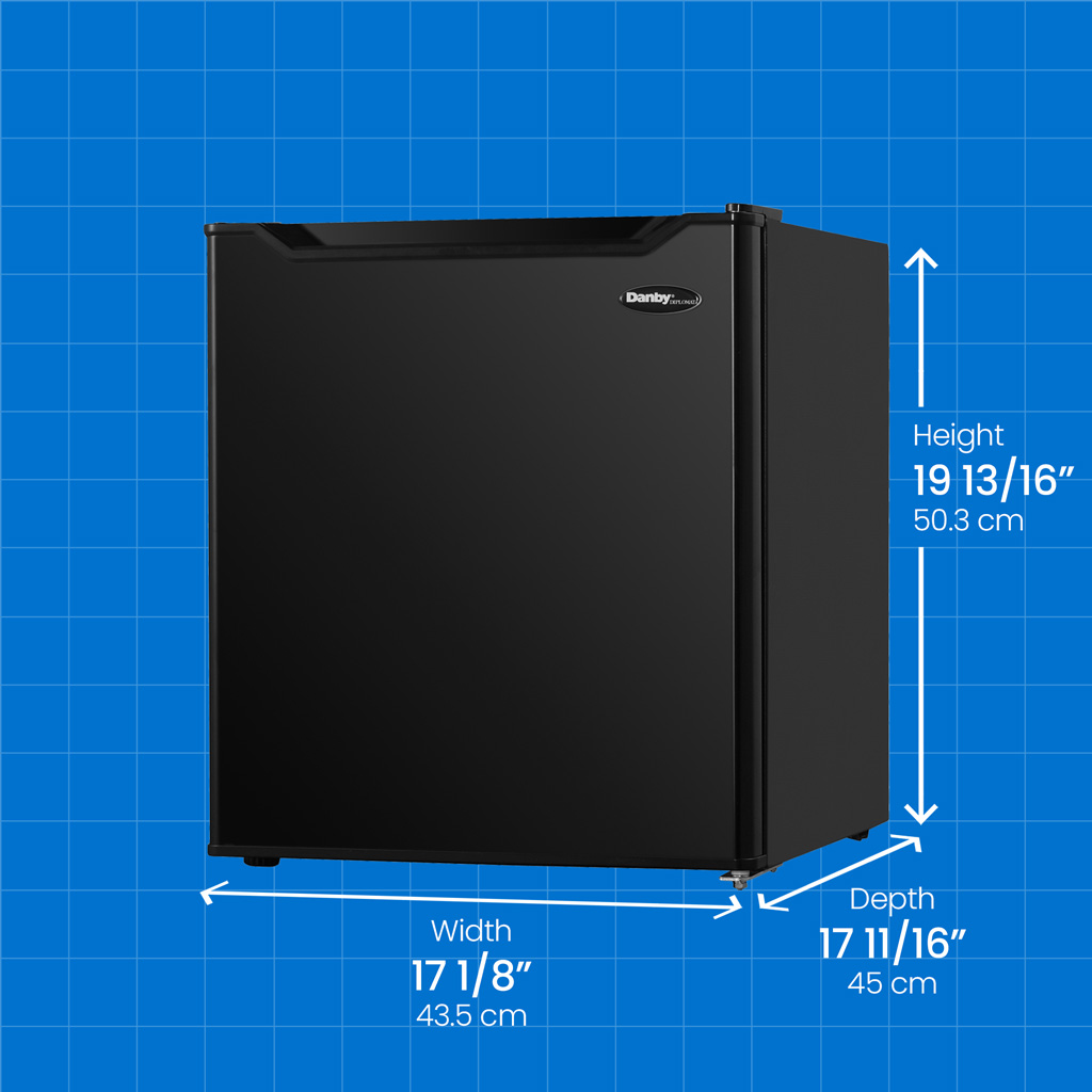 Danby appliances 1.6 cu ft compact fridge black DAR016A1BDB angled view with product dimensions shown on a blue grid background