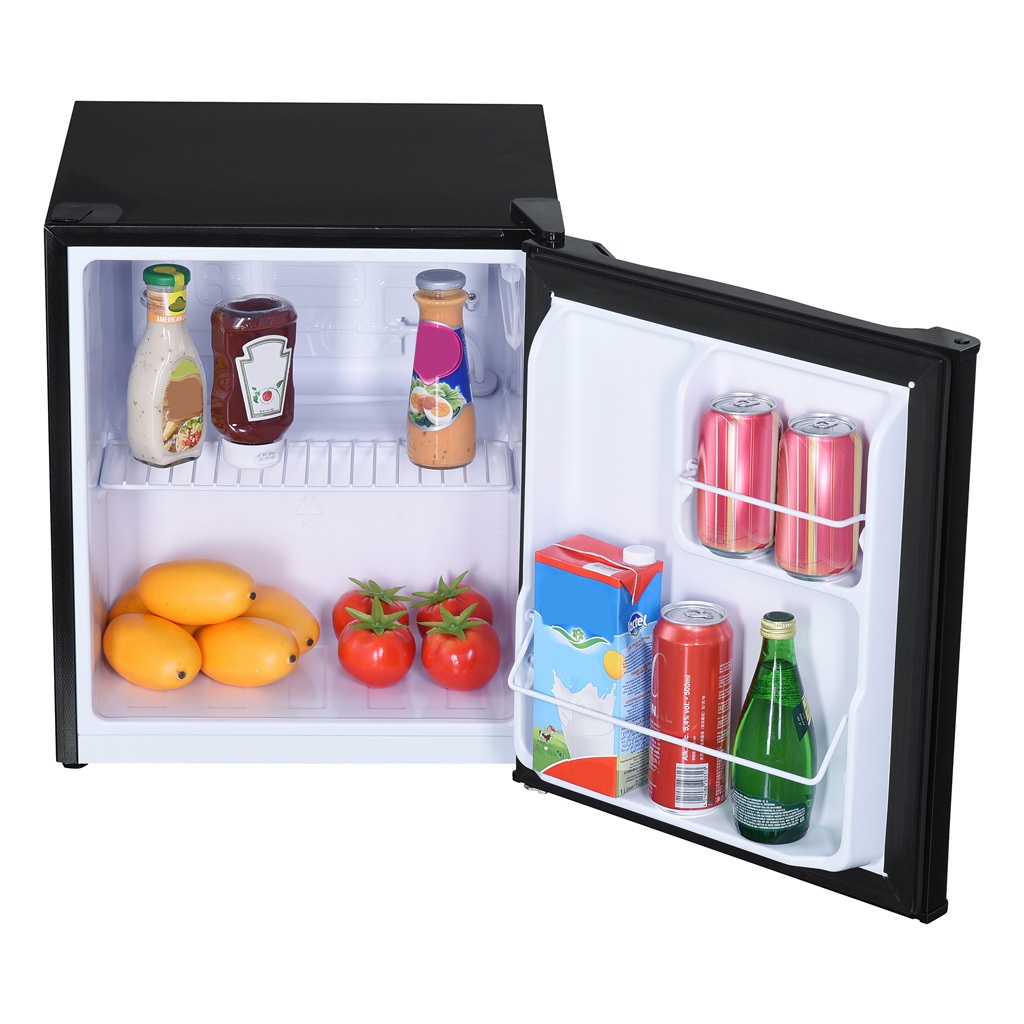 Danby appliances 1.6 cu ft compact fridge black DAR016A1BDB open front view showing interior stocked with beverages, fruit, and food items