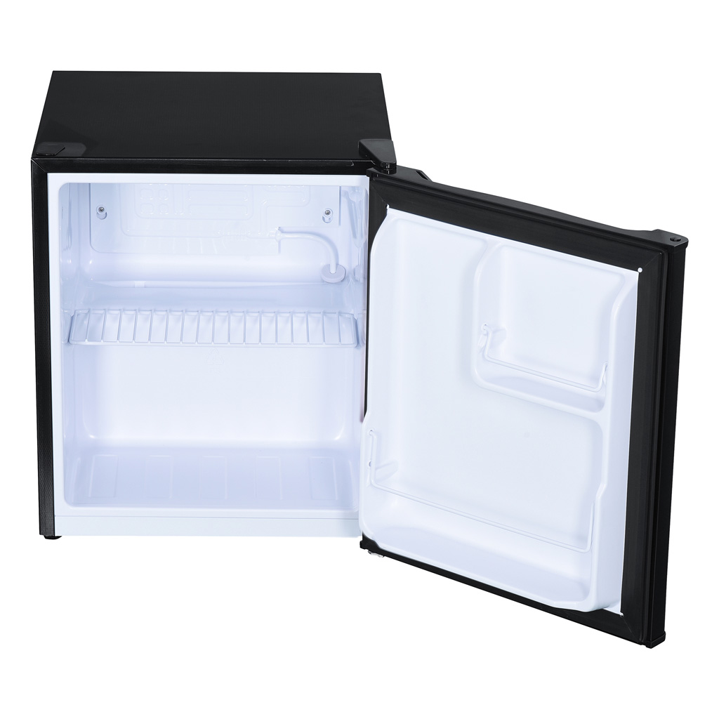 Danby appliances 1.6 cu ft compact fridge black DAR016A1BDB open front view showing empty interior compartment with door storage and single shelf
