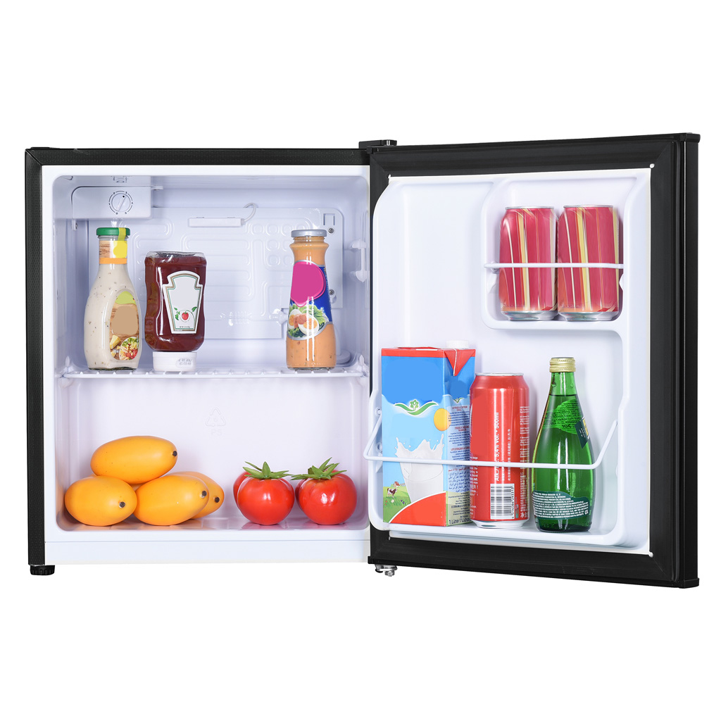 Danby appliances 1.6 cu ft compact fridge black DAR016A1BDB angled front view with door open showing interior shelves stocked with beverages and food items