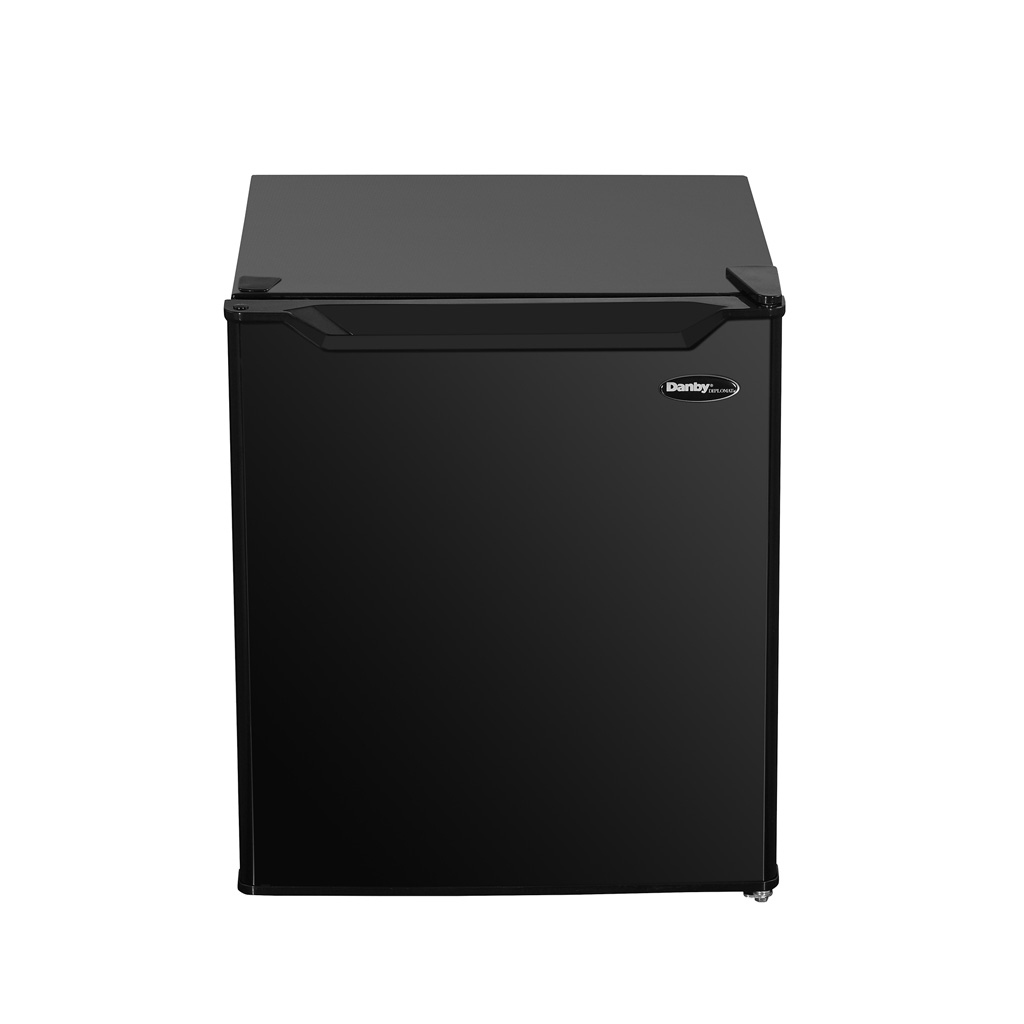 Danby appliances 1.6 cu ft compact fridge black DAR016A1BDB upper angled view showing top surface, curved edge, and compact cabinet design