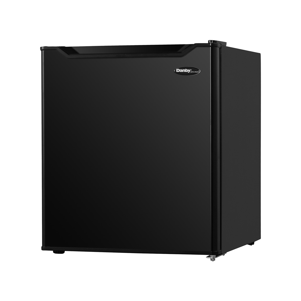 Danby appliances 1.6 cu ft compact fridge black DAR016A1BDB angled left view showing side panel, hinge placement, and compact single door design