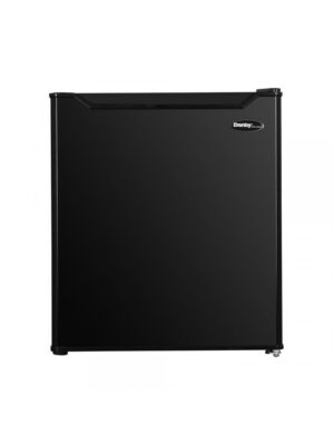 Danby appliances 1.6 cu ft compact fridge black DAR016A1BDB front view showing smooth black finish, curved top edge, and single door design on a plain background