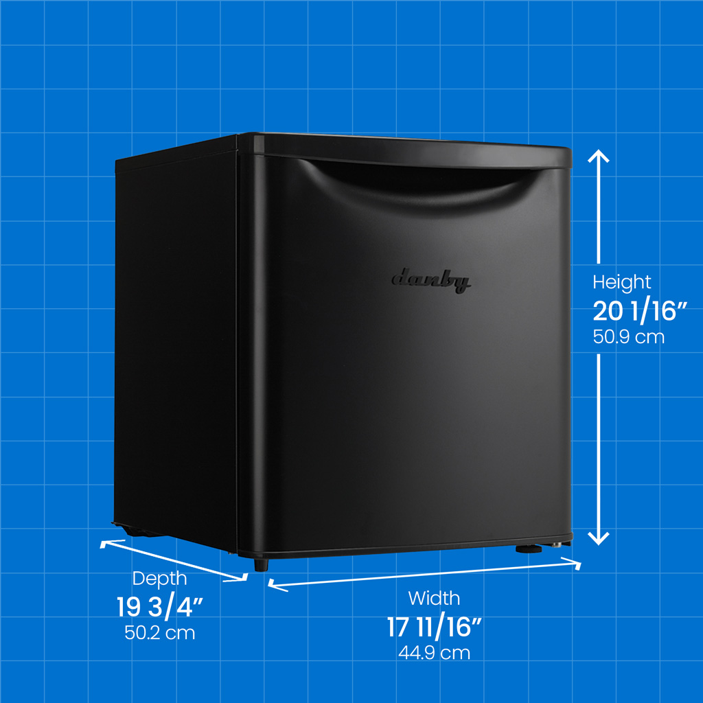 Danby appliances 1.7 cu ft compact fridge black DAR017A3BDB angled view with product dimensions shown on a blue grid background