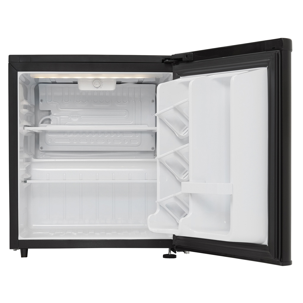 Danby appliances 1.7 cu ft compact fridge black DAR017A3BDB open front view showing empty interior compartment with shelf and door storage