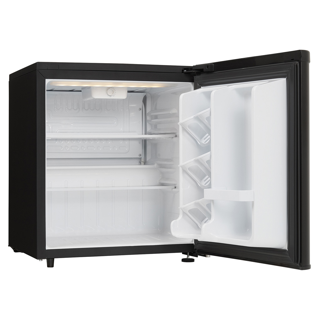 Danby appliances 1.7 cu ft compact fridge black DAR017A3BDB open front view showing empty interior compartment with shelf and door storage