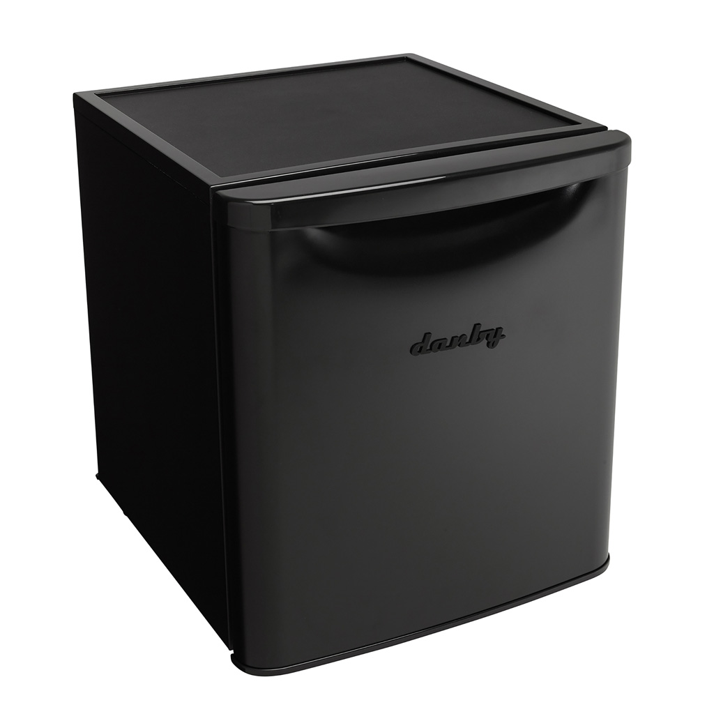 Danby appliances 1.7 cu ft compact fridge black DAR017A3BDB upper angled view showing top surface and compact cabinet design