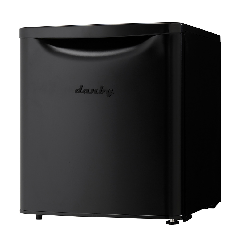 Danby appliances 1.7 cu ft compact fridge black DAR017A3BDB angled left view showing side panel and hinge placement
