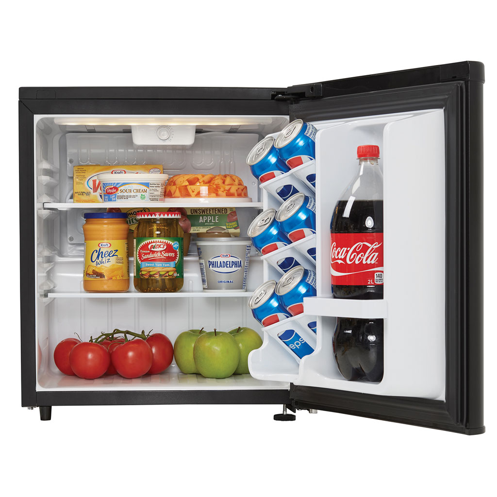Danby appliances 1.7 cu ft compact fridge black DAR017A3BDB open front view showing interior stocked with beverages, fruit, and food items