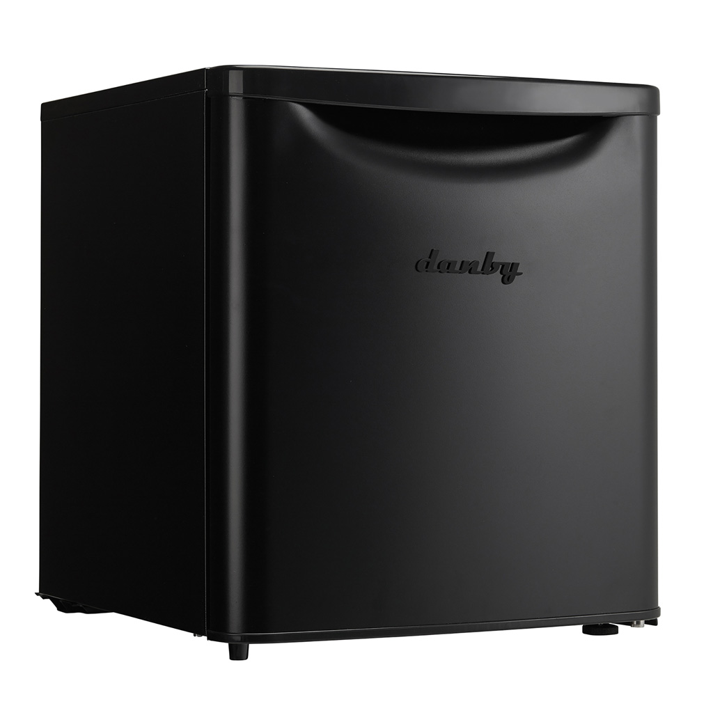 Danby appliances 1.7 cu ft compact fridge black DAR017A3BDB angled right view showing compact cabinet and black finish