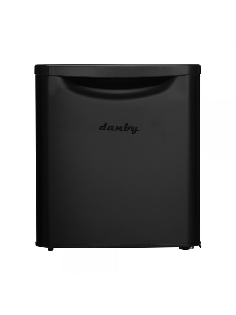 Danby appliances 1.7 cu ft compact fridge black DAR017A3BDB front view showing smooth black finish and single door design on a plain background