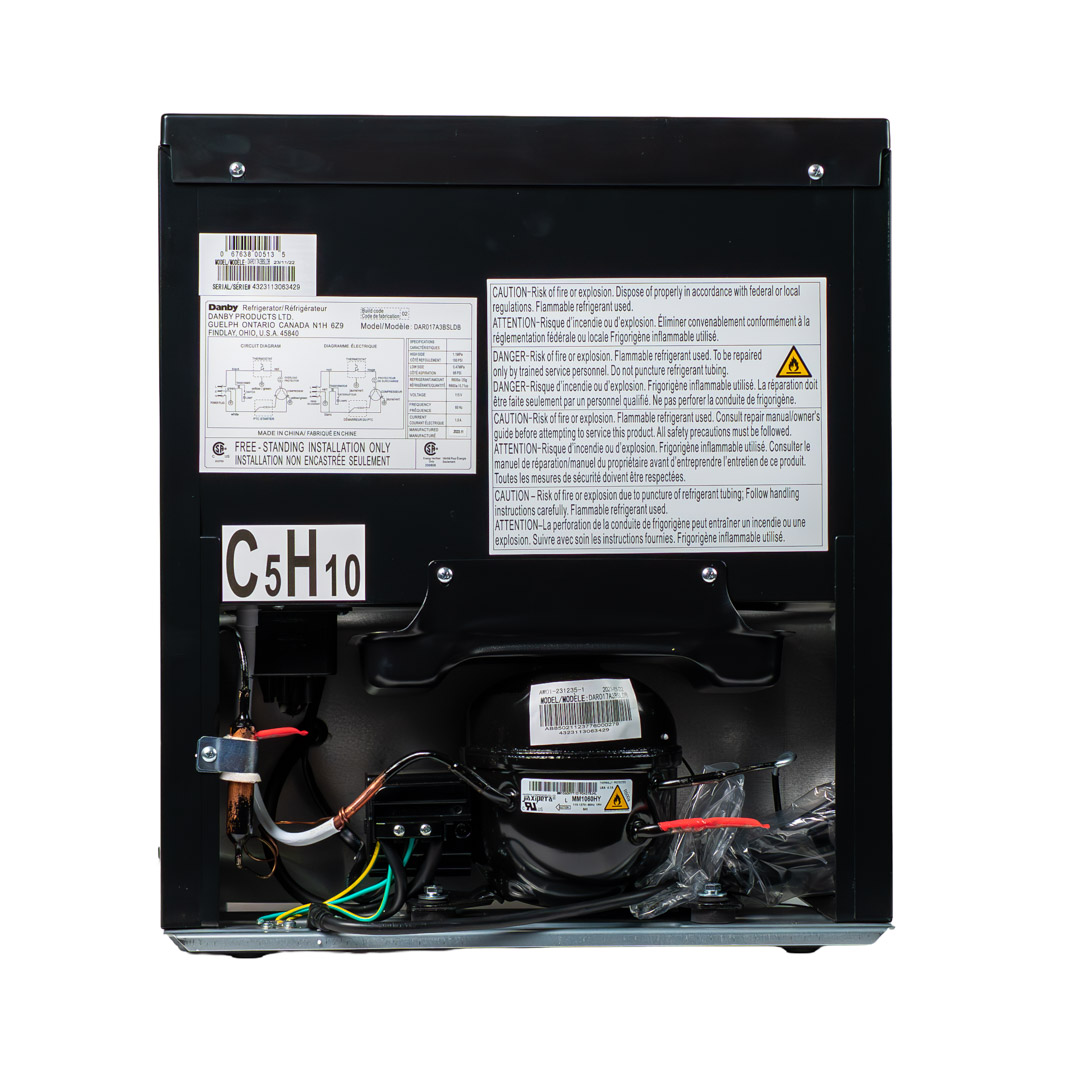 Danby appliances 1.7 cu ft compact fridge stainless DAR017A3BSS rear open view showing compressor components and internal wiring