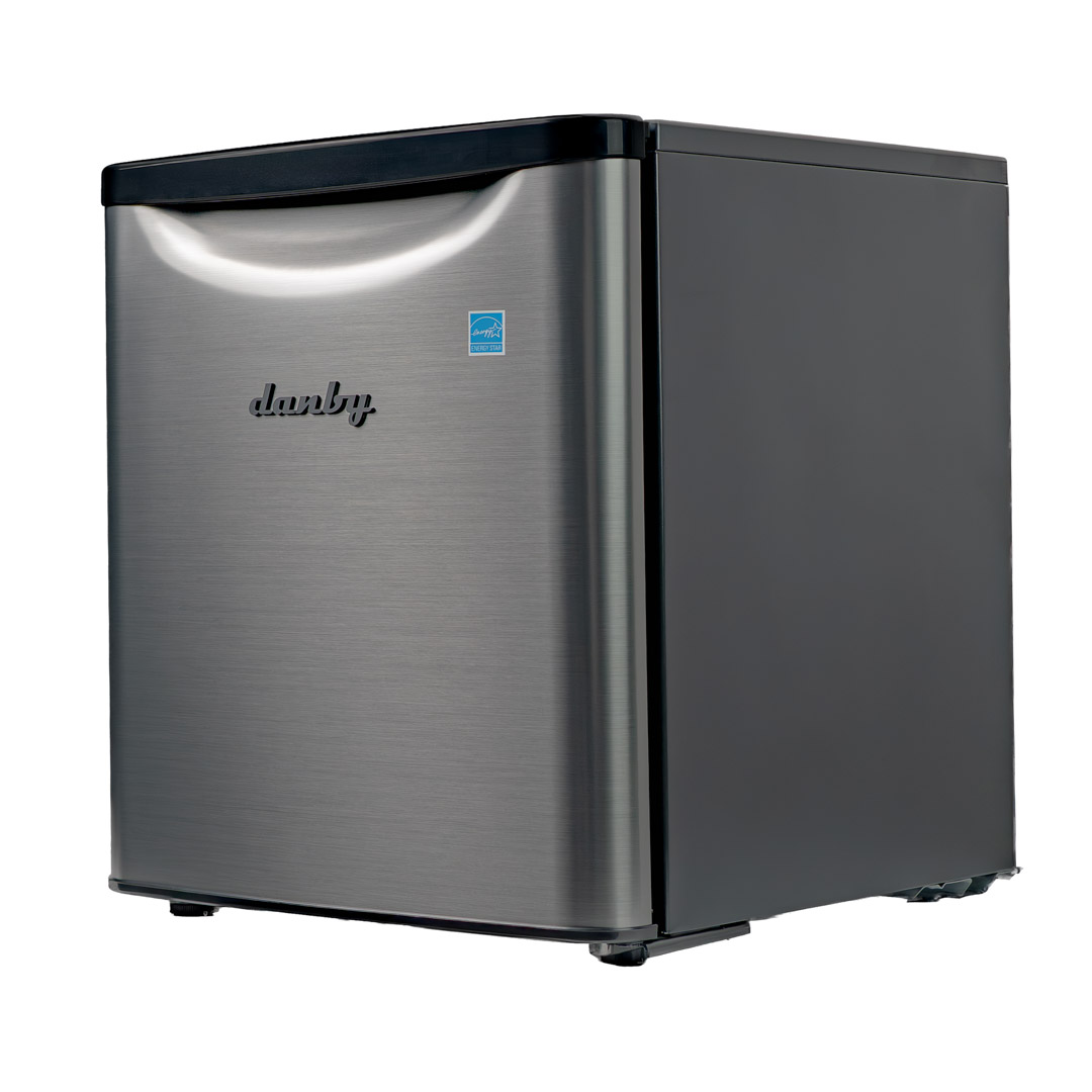 Danby appliances 1.7 cu ft compact fridge stainless DAR017A3BSS angled left view showing side panel, hinge placement, and stainless steel finish