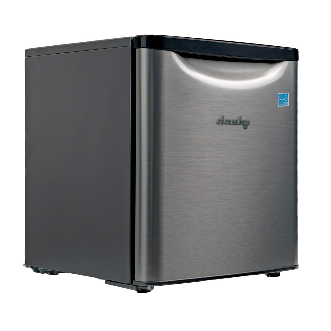 Danby appliances 1.7 cu ft compact fridge stainless DAR017A3BSS angled right view showing brushed stainless steel finish and compact cabinet design