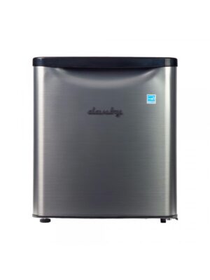 Danby appliances 1.7 cu ft compact fridge stainless DAR017A3BSS front view showing brushed stainless steel finish, curved top edge, and single door design on a plain background