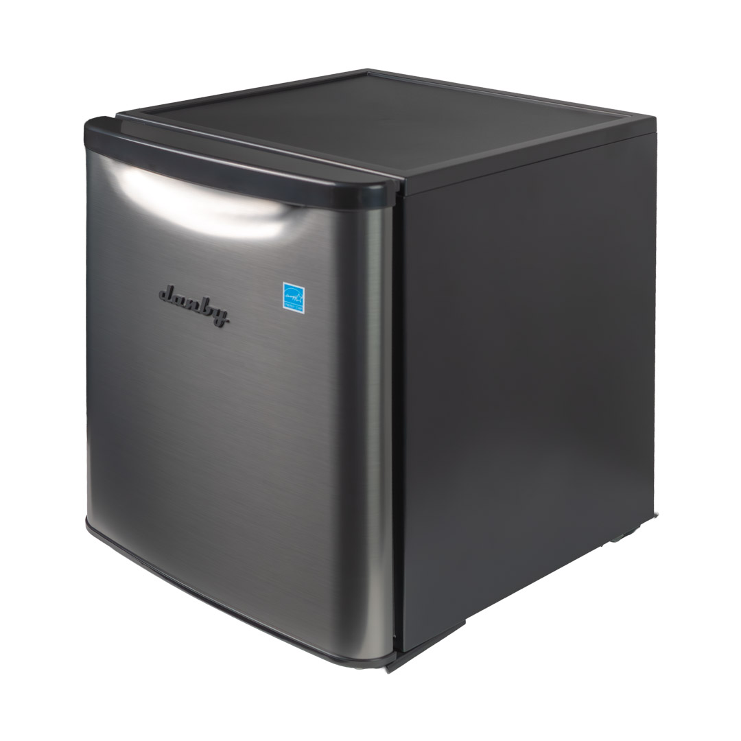 Danby appliances 1.7 cu ft compact fridge stainless DAR017A3BSS angled front view showing brushed stainless steel finish and compact cabinet design