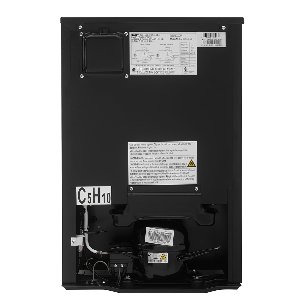 Danby appliances 2.6 cu ft compact fridge black DAR026A1BDD rear view showing back panel and compact cabinet structure