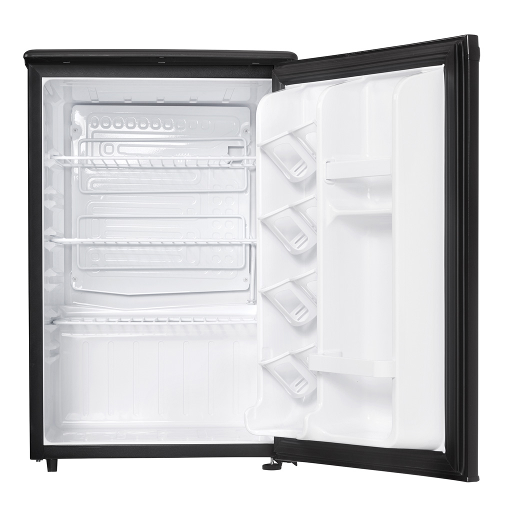 Danby appliances 2.6 cu ft compact fridge black DAR026A1BDD open front view showing empty interior compartment with shelf and door storage