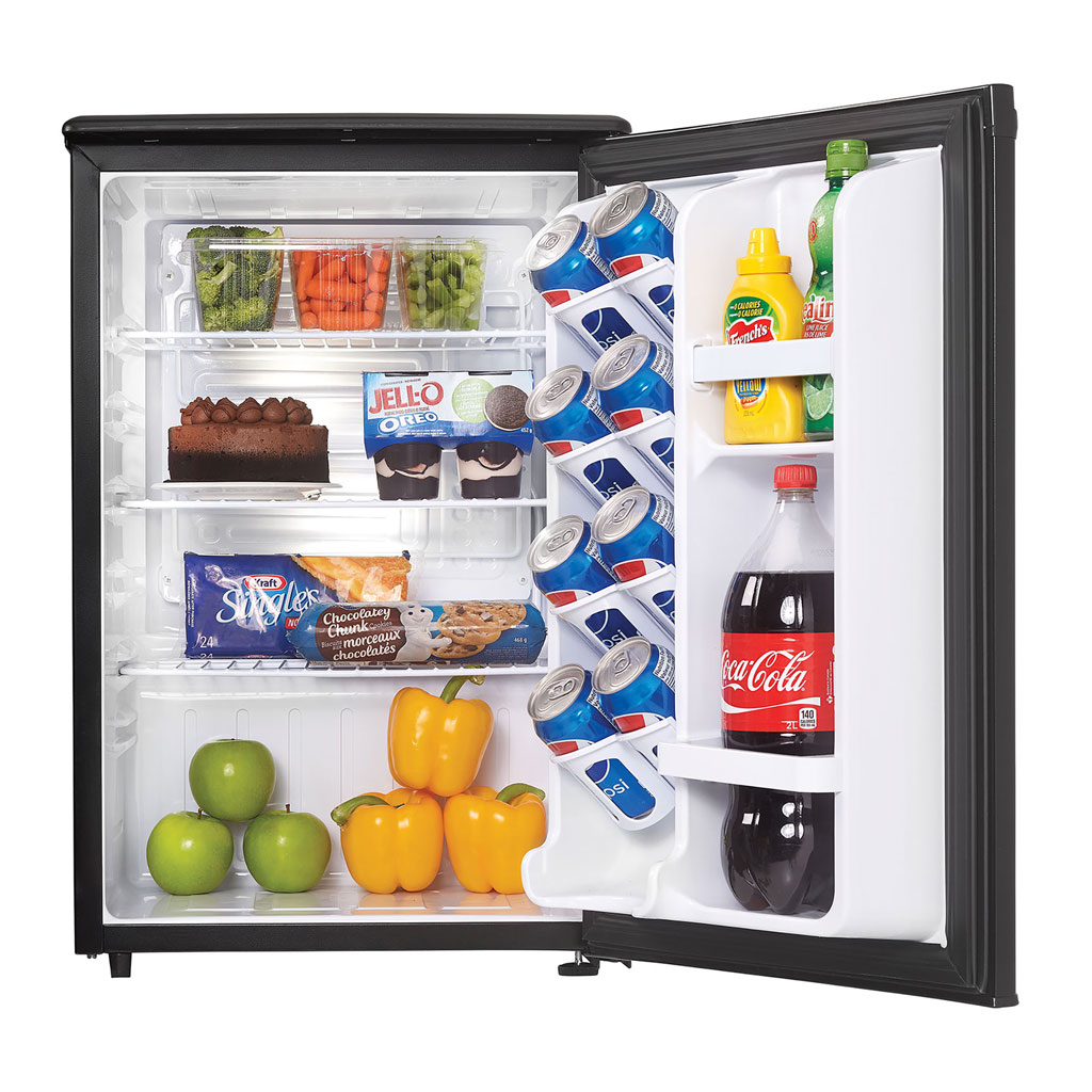 Danby appliances 2.6 cu ft compact fridge black DAR026A1BDD open front view showing interior stocked with beverages and food items
