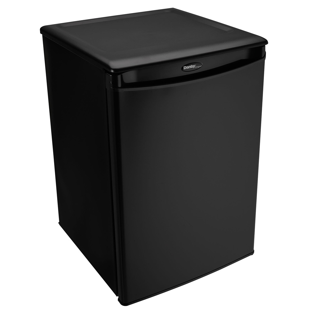Danby appliances 2.6 cu ft compact fridge black DAR026A1BDD upper angled view showing top surface and compact cabinet design
