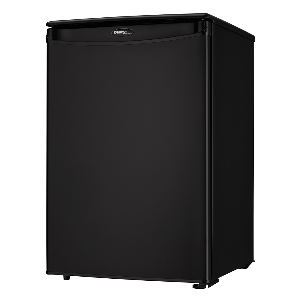 Danby appliances 2.6 cu ft compact fridge black DAR026A1BDD angled left view showing side panel and hinge placement