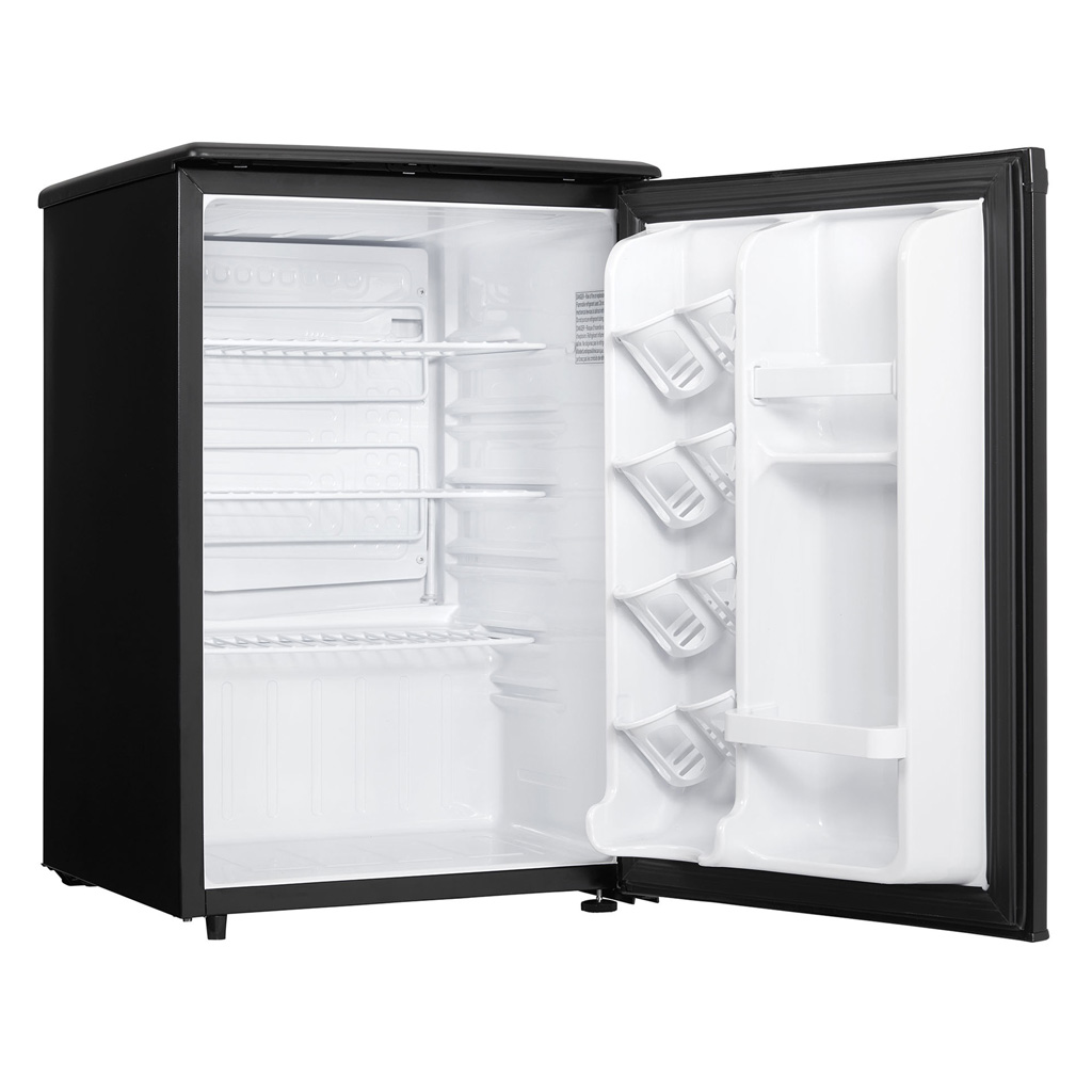 Danby appliances 2.6 cu ft compact fridge black DAR026A1BDD open front view showing empty interior compartment with shelf and door storage