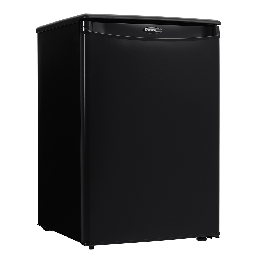 Danby appliances 2.6 cu ft compact fridge black DAR026A1BDD angled right view showing compact cabinet and smooth black finish